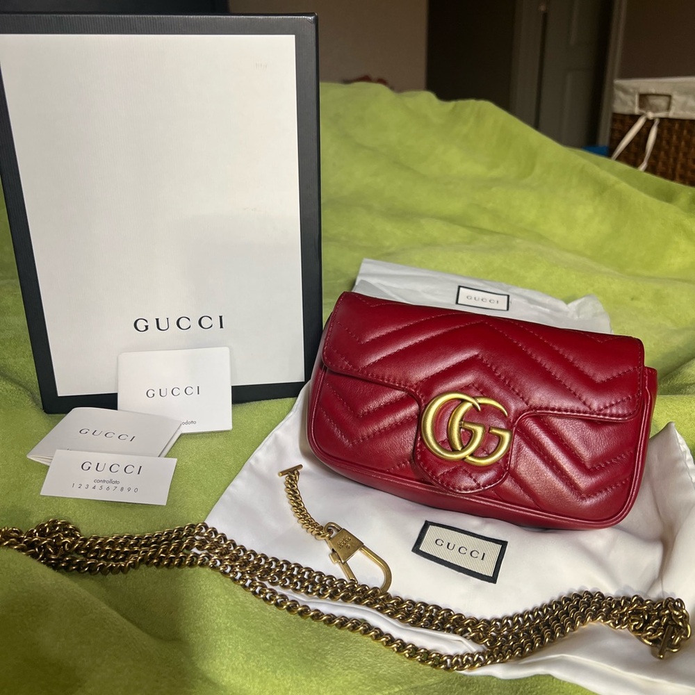 Authentic Gucci GG Marmont matelasse super mini bag red chevron leather